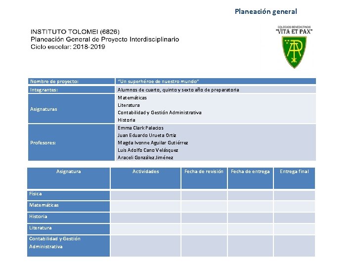 Planeación general Nombre de proyecto: Integrantes: “Un superhéroe de nuestro mundo” Alumnos de cuarto,