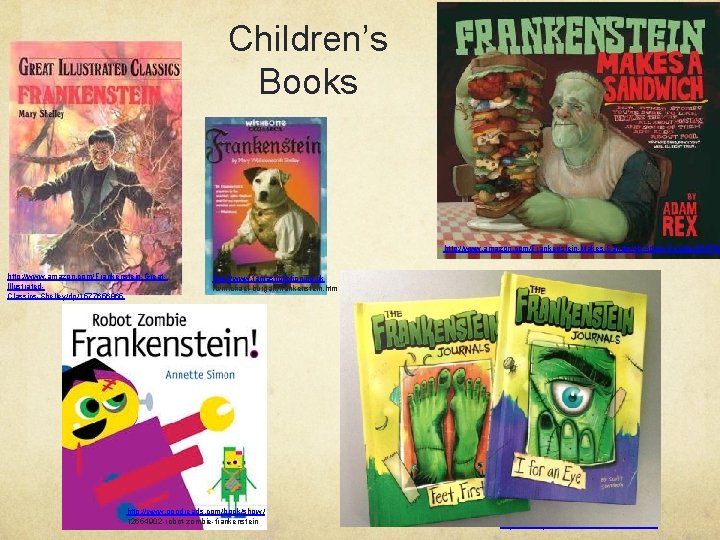 Children’s Books http: //www. amazon. com/Frankenstein-Makes-Sandwich-Adam-Rex/dp/ 054757 http: //www. amazon. com/Frankenstein-Great. Illustrated. Classics-Shelley/dp/1577656865 http: