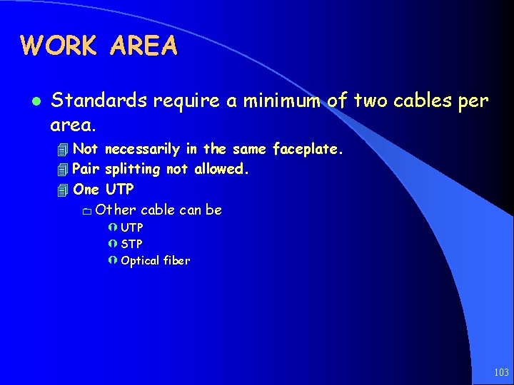 WORK AREA l Standards require a minimum of two cables per area. 4 Not