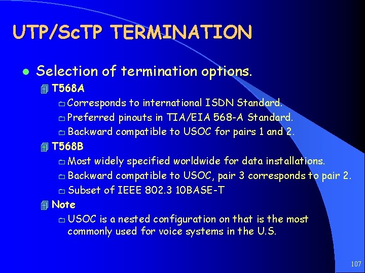 UTP/Sc. TP TERMINATION l Selection of termination options. 4 T 568 A 0 Corresponds