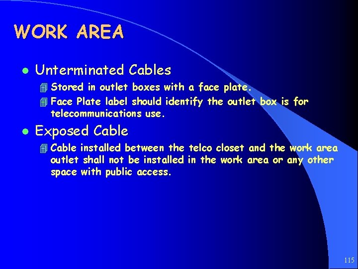 WORK AREA l Unterminated Cables 4 Stored in outlet boxes with a face plate.