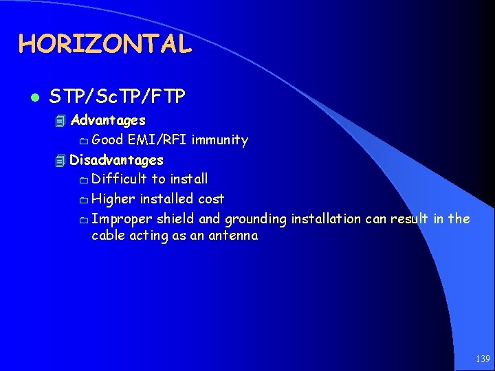 HORIZONTAL l STP/Sc. TP/FTP 4 Advantages 0 Good EMI/RFI immunity 4 Disadvantages 0 Difficult