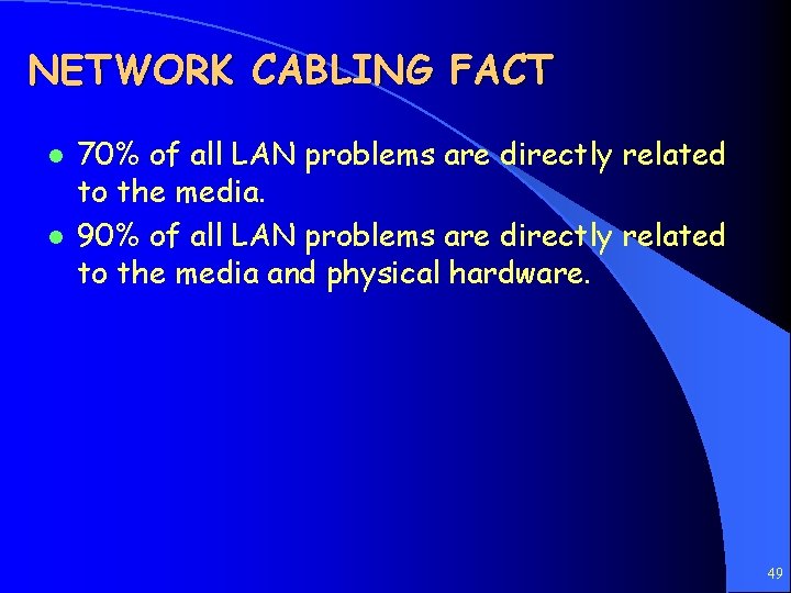NETWORK CABLING FACT l l 70% of all LAN problems are directly related to