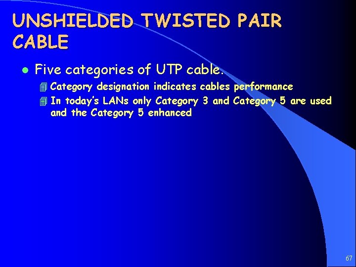 UNSHIELDED TWISTED PAIR CABLE l Five categories of UTP cable. 4 Category designation indicates