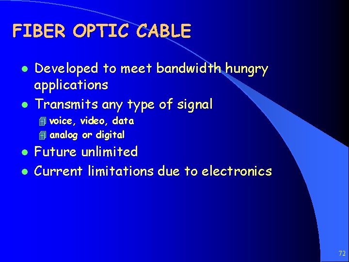 FIBER OPTIC CABLE l l Developed to meet bandwidth hungry applications Transmits any type