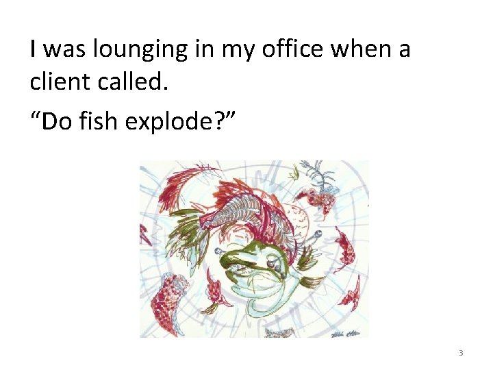 I was lounging in my office when a client called. “Do fish explode? ”