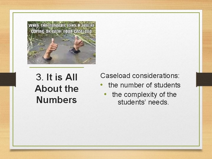 3. It is All About the Numbers Caseload considerations: • the number of students