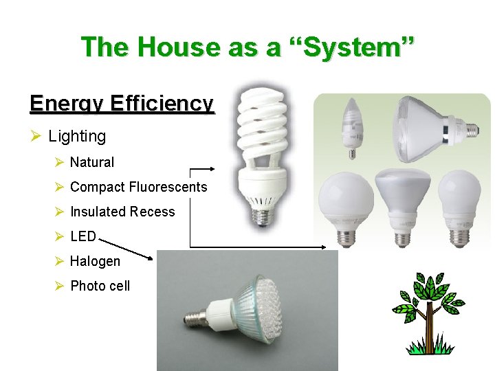 The House as a “System” Energy Efficiency Ø Lighting Ø Natural Ø Compact Fluorescents