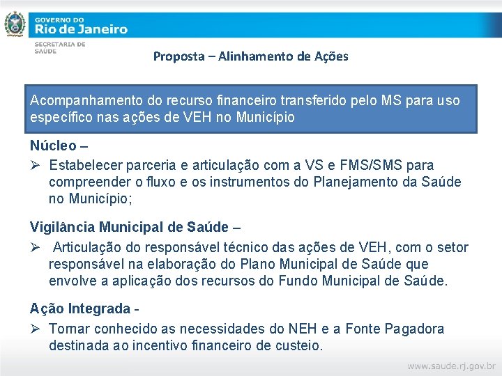 Proposta – Alinhamento de Ações Acompanhamento do recurso financeiro transferido pelo MS para uso