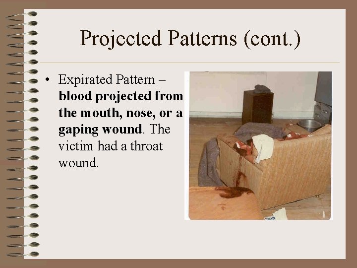 Projected Patterns (cont. ) • Expirated Pattern – blood projected from the mouth, nose,