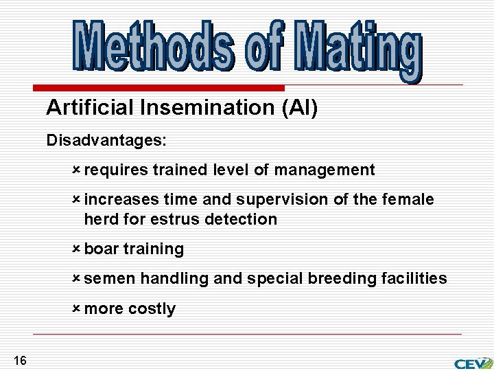 Artificial Insemination (AI) Disadvantages: û requires trained level of management û increases time and