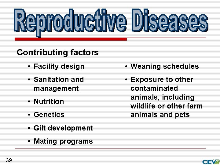 Contributing factors • Facility design • Weaning schedules • Sanitation and management • Exposure
