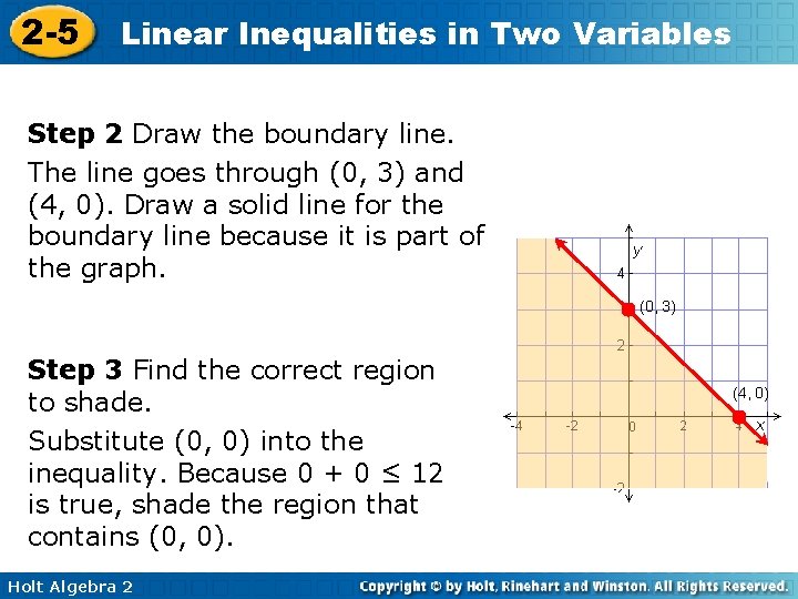 2 -5 Linear Inequalities in Two Variables Step 2 Draw the boundary line. The 2 -5 Linear Inequalities in Two Variables Step 2 Draw the boundary line. The