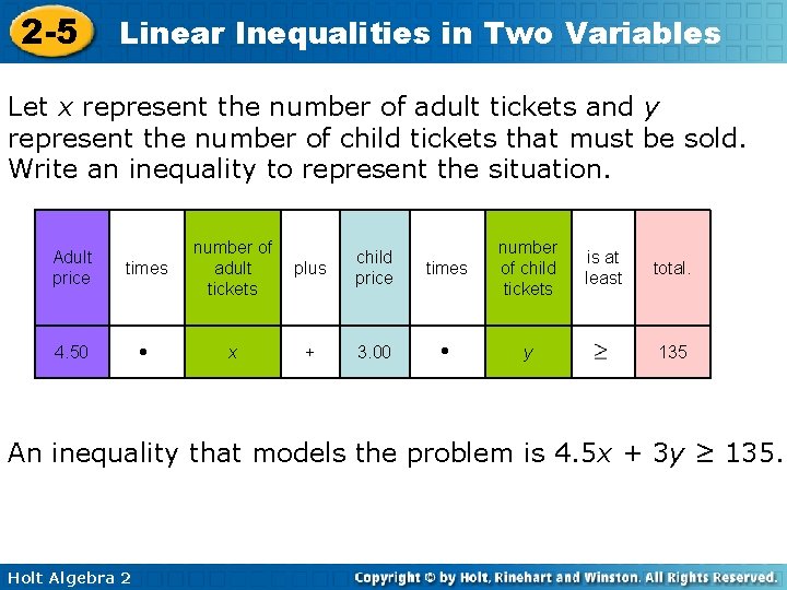 2 -5 Linear Inequalities in Two Variables Let x represent the number of adult 2 -5 Linear Inequalities in Two Variables Let x represent the number of adult
