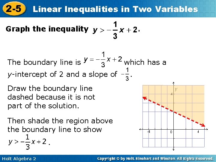 2 -5 Linear Inequalities in Two Variables Graph the inequality The boundary line is 2 -5 Linear Inequalities in Two Variables Graph the inequality The boundary line is