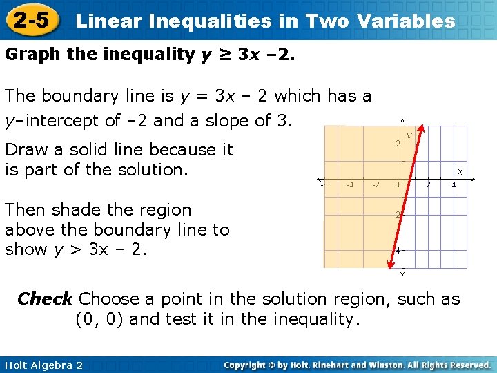 2 -5 Linear Inequalities in Two Variables Graph the inequality y ≥ 3 x 2 -5 Linear Inequalities in Two Variables Graph the inequality y ≥ 3 x