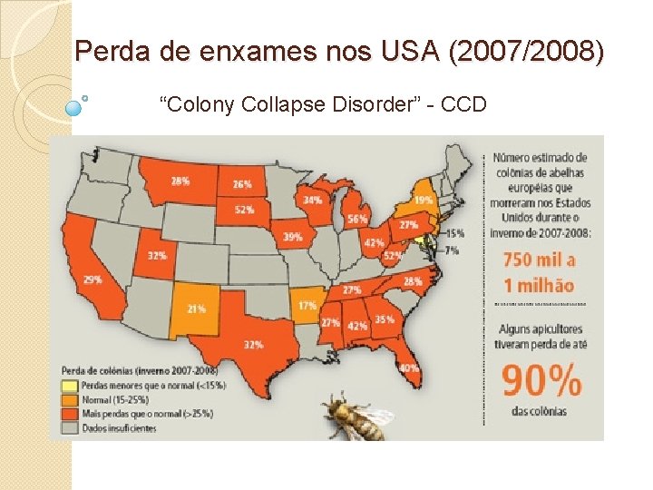 Perda de enxames nos USA (2007/2008) “Colony Collapse Disorder” - CCD 