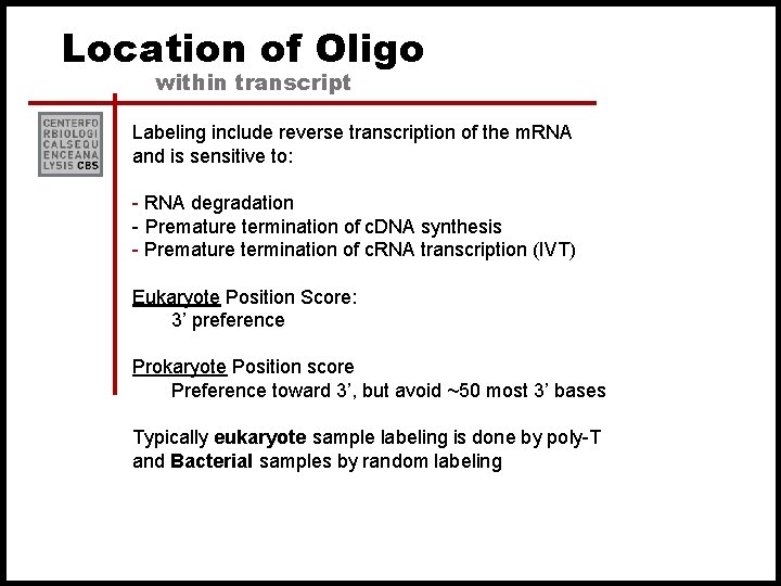 Location of Oligo within transcript Labeling include reverse transcription of the m. RNA and