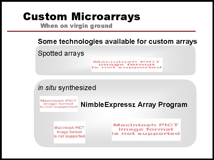Custom Microarrays When on virgin ground Some technologies available for custom arrays Spotted arrays