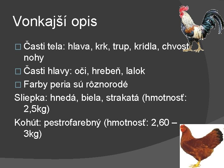 Vonkajší opis � Časti tela: hlava, krk, trup, krídla, chvost, nohy � Časti hlavy: