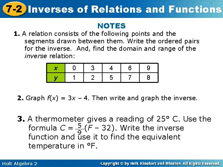 7 -2 Inverses of Relations and Functions NOTES 1. A relation consists of the