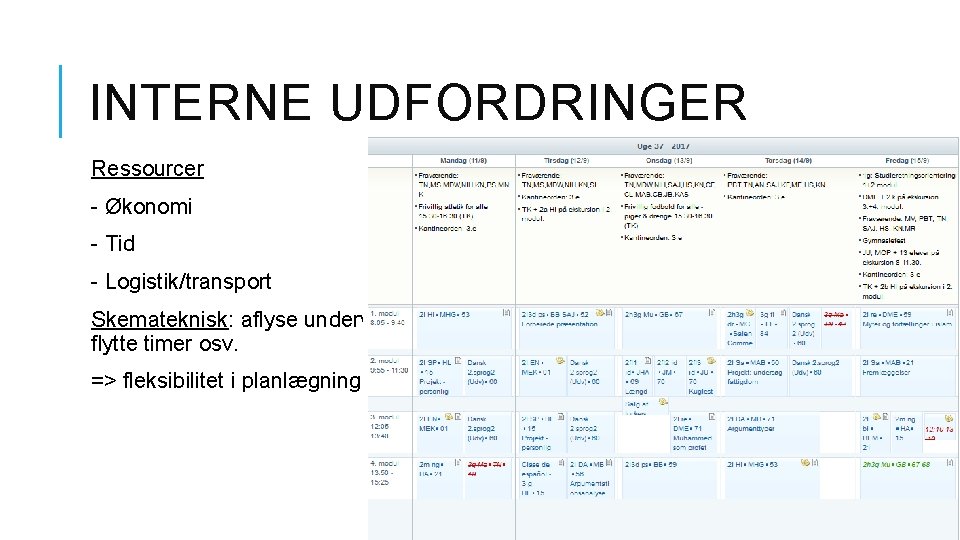 INTERNE UDFORDRINGER Ressourcer - Økonomi - Tid - Logistik/transport Skemateknisk: aflyse undervisning, flytte timer