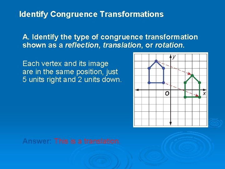 Identify Congruence Transformations A. Identify the type of congruence transformation shown as a reflection,