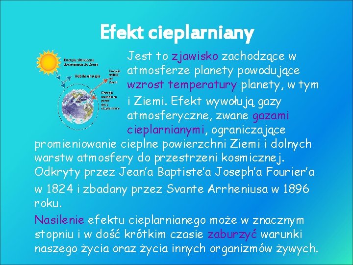 Efekt cieplarniany Jest to zjawisko zachodzące w atmosferze planety powodujące wzrost temperatury planety, w