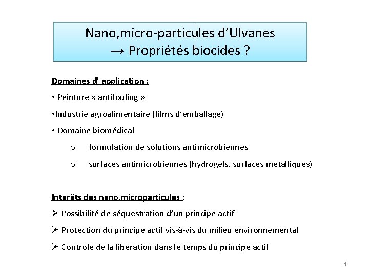 Nano, micro-particules d’Ulvanes → Propriétés biocides ? Domaines d’ application : • Peinture «