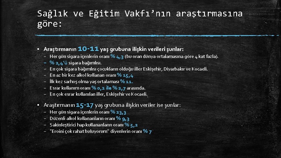 Sağlık ve Eğitim Vakfı’nın araştırmasına göre: ▪ Araştırmanın 10 -11 yaş grubuna ilişkin verileri