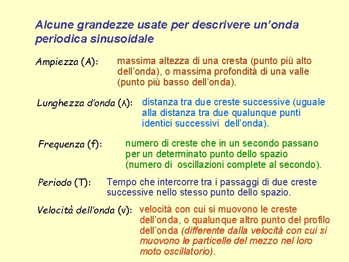 Alcune grandezze usate per descrivere un’onda periodica sinusoidale Ampiezza (A): massima altezza di una