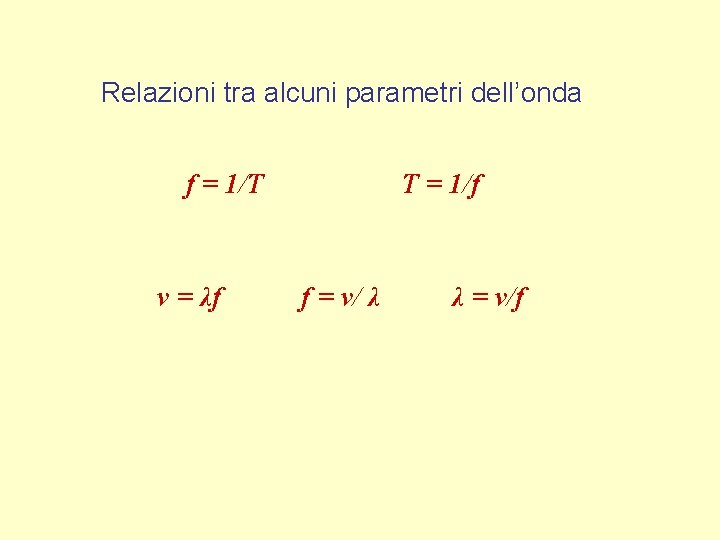 Relazioni tra alcuni parametri dell’onda f = 1/T v = λf T = 1/f