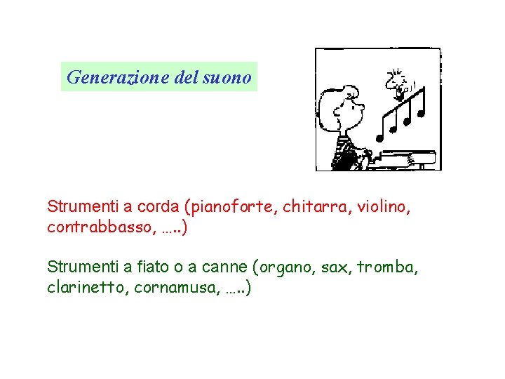 Generazione del suono Strumenti a corda (pianoforte, chitarra, violino, contrabbasso, …. . ) Strumenti
