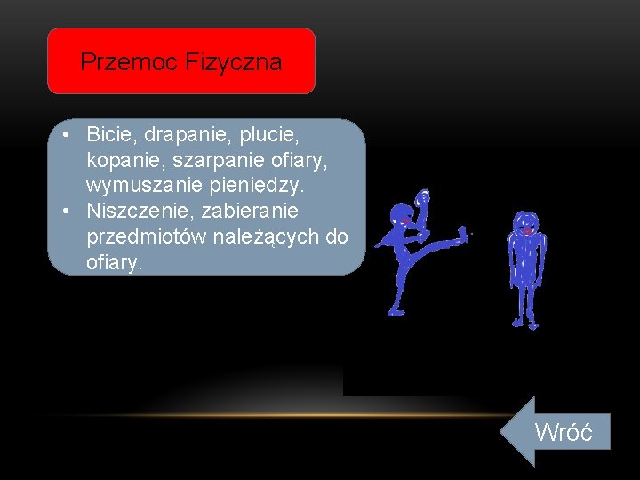 Przemoc Fizyczna • Bicie, drapanie, plucie, kopanie, szarpanie ofiary, wymuszanie pieniędzy. • Niszczenie, zabieranie