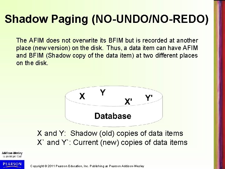 Shadow Paging (NO-UNDO/NO-REDO) The AFIM does not overwrite its BFIM but is recorded at