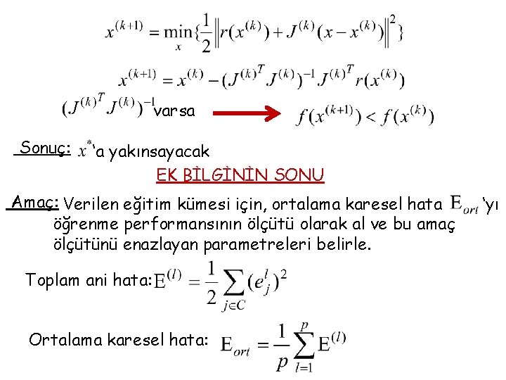 varsa Sonuç: ‘a yakınsayacak EK BİLGİNİN SONU Amaç: Verilen eğitim kümesi için, ortalama karesel