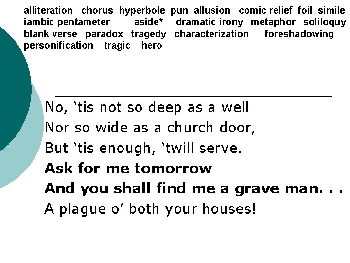 alliteration chorus hyperbole pun allusion comic relief foil simile iambic pentameter aside* dramatic irony