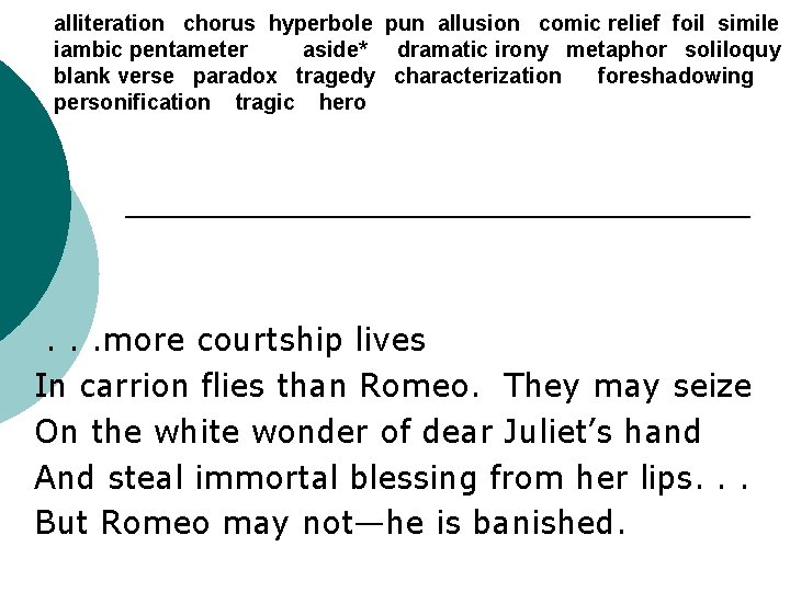 alliteration chorus hyperbole pun allusion comic relief foil simile iambic pentameter aside* dramatic irony