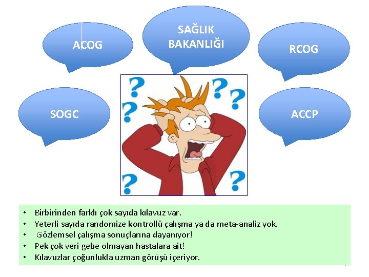 ACOG SAĞLIK BAKANLIĞI SOGC • • • Birbirinden farklı çok sayıda kılavuz var. Yeterli