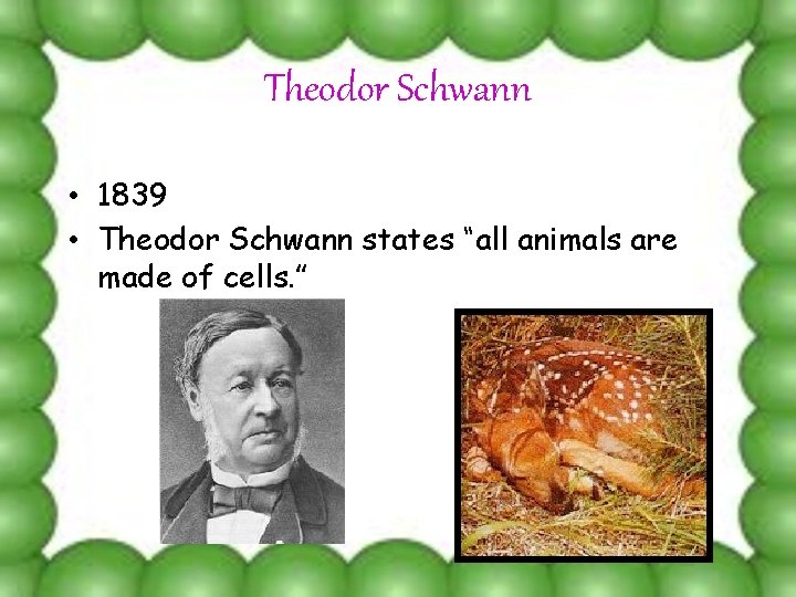 Theodor Schwann • 1839 • Theodor Schwann states “all animals are made of cells.