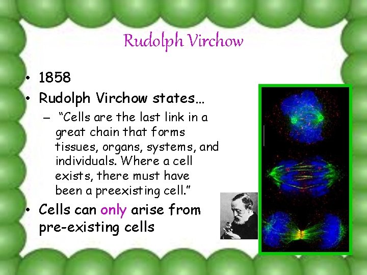 Rudolph Virchow • 1858 • Rudolph Virchow states… – “Cells are the last link