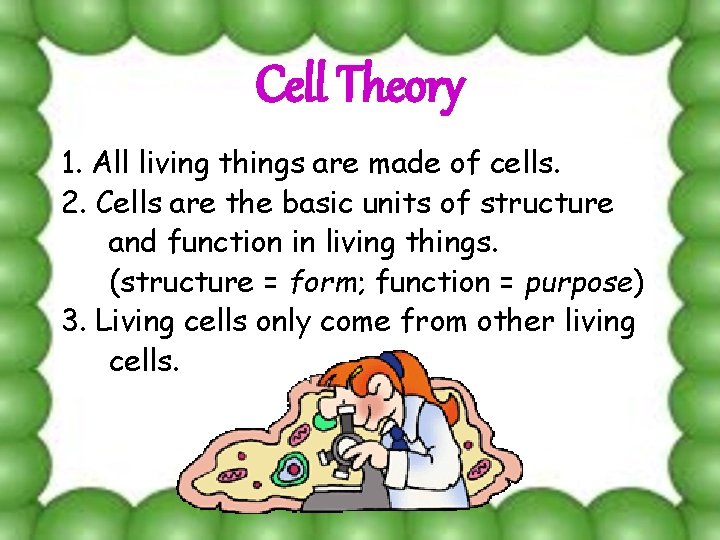 Cell Theory 1. All living things are made of cells. 2. Cells are the