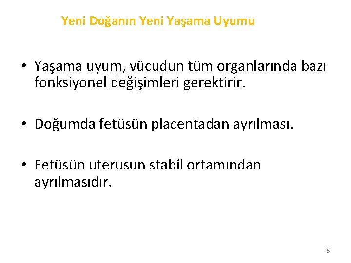 Yeni Doğanın Yeni Yaşama Uyumu • Yaşama uyum, vücudun tüm organlarında bazı fonksiyonel değişimleri