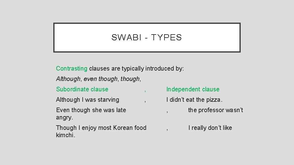 SWABI - TYPES Contrasting clauses are typically introduced by: Although, even though, Subordinate clause