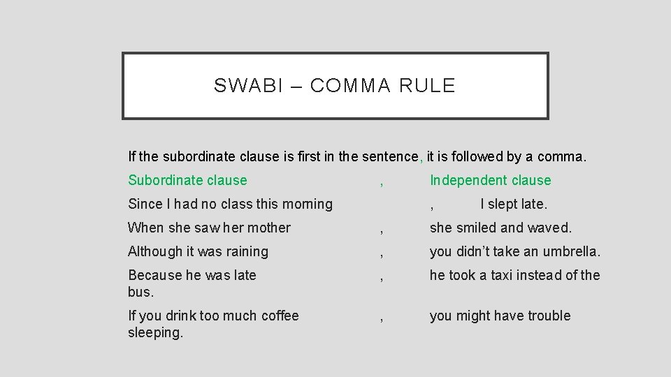 SWABI – COMMA RULE If the subordinate clause is first in the sentence, it