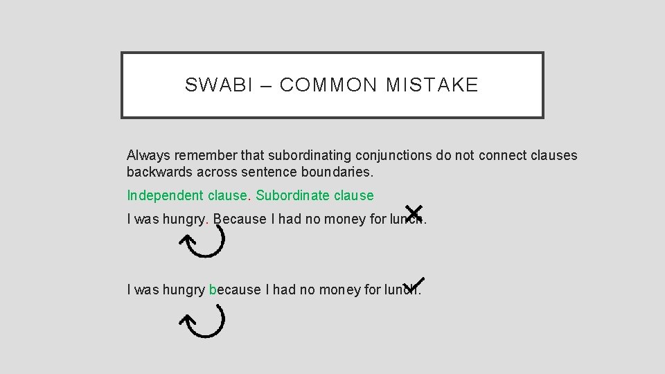 SWABI – COMMON MISTAKE Always remember that subordinating conjunctions do not connect clauses backwards