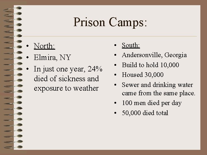 Prison Camps: • North: • Elmira, NY • In just one year, 24% died