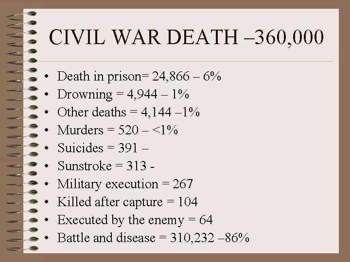 CIVIL WAR DEATH – 360, 000 • • • Death in prison= 24, 866