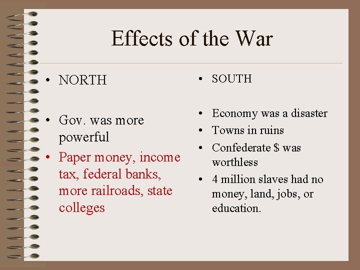 Effects of the War • NORTH • SOUTH • Gov. was more powerful •