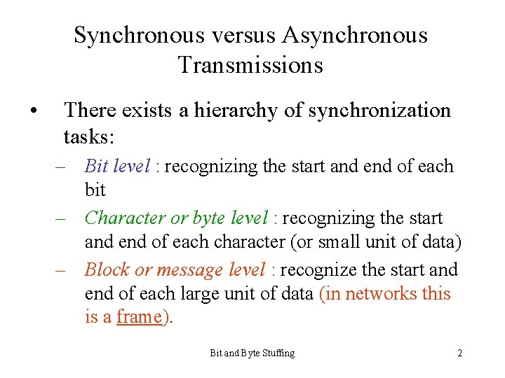 Synchronous versus Asynchronous Transmissions • There exists a hierarchy of synchronization tasks: – Bit